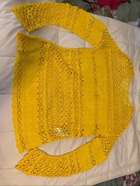 Maje Bright Yellow Openwork Crochet Scoop Neck Sweater